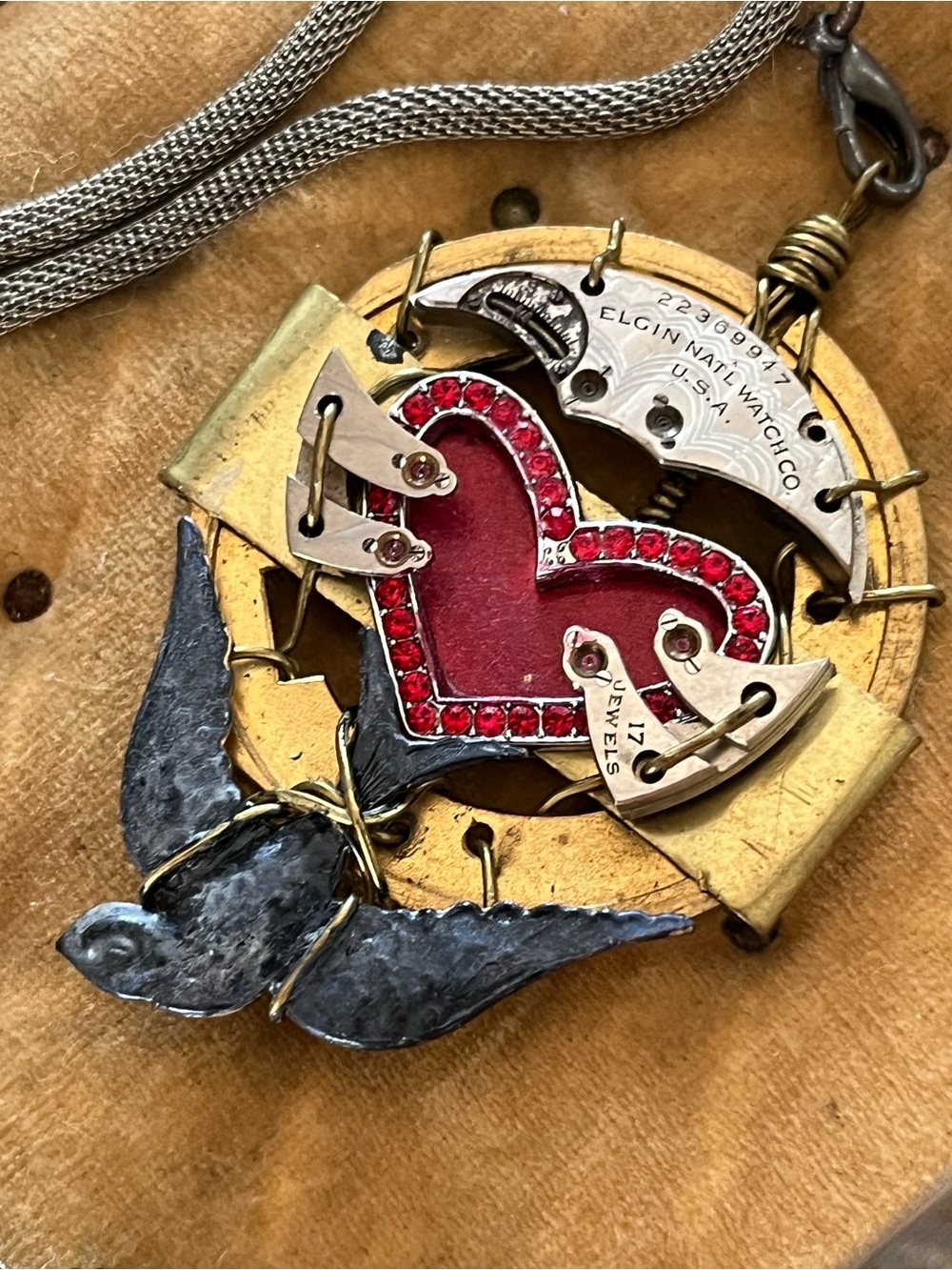 NWOT NECKLACE HEART RAVEN CROW BIRD steampunk Handmade w vintage watch parts